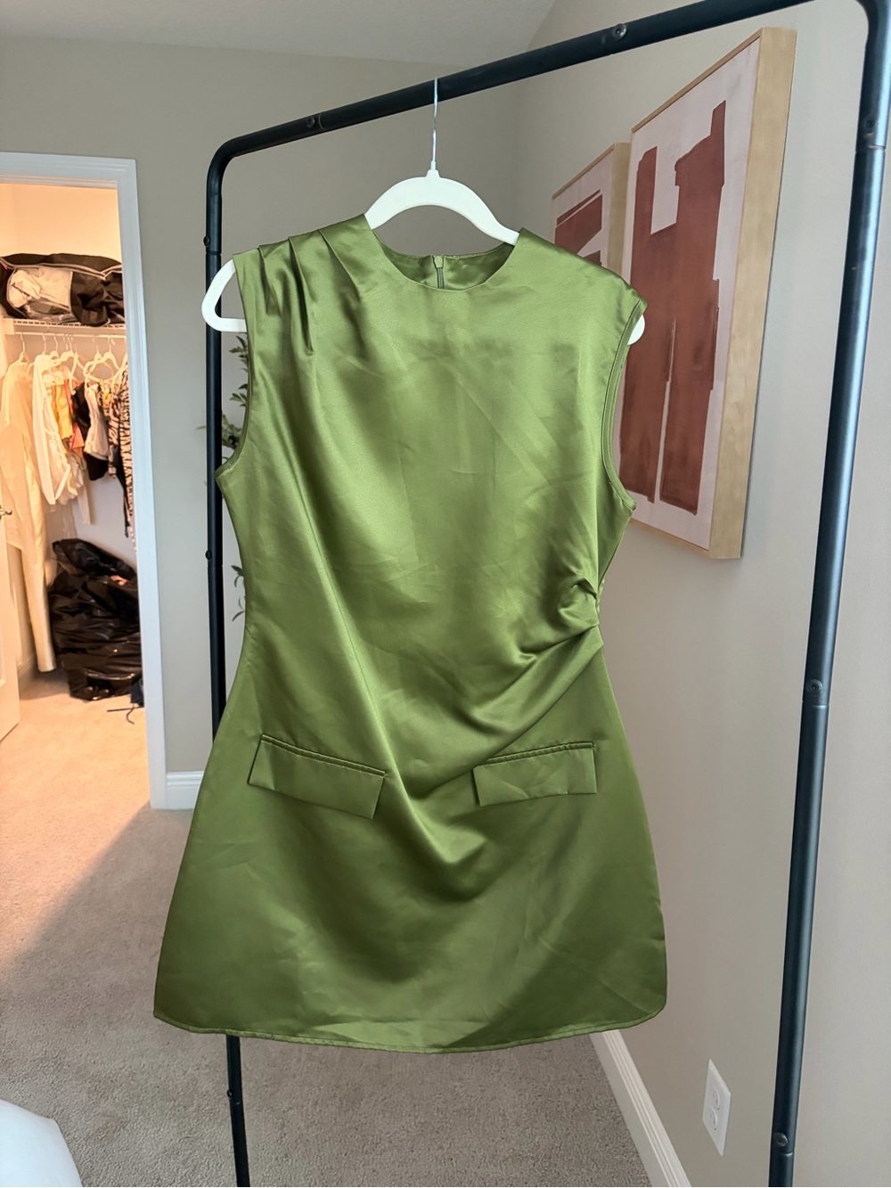 Commense Olive Green Satin Mini Sheath Dress